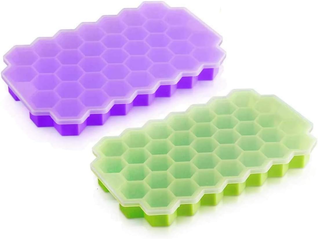 SYOSI 2 Pack Ice Cube Trays with Lids, Silicone 74-Ice Cube Moulds with Anti-Cross Smell Removable Lid, BPA Free, Stackable Durable, for Freezer Ice, Baby Food, Whiskey, Cocktail