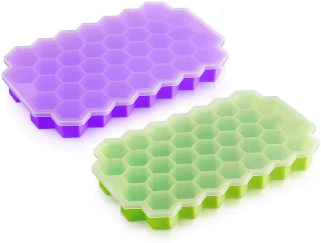 SYOSI 2 Pack Ice Cube Trays with Lids, Silicone 74-Ice Cube Moulds with Anti-Cross Smell Removable Lid, BPA Free, Stackable Durable, for Freezer Ice, Baby Food, Whiskey, Cocktail