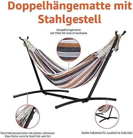 Hängematte mit Gestell, Stoff, One Size, 117 cm x 300 cm x 100 cm, Mehrfarbig