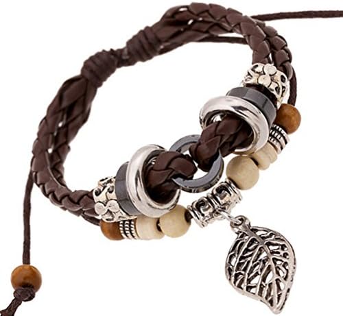 Most Beloved Fashion Charm Adjustable Dangling Maple Leaf Cowhide Leather Wooden Bead Bracelet
