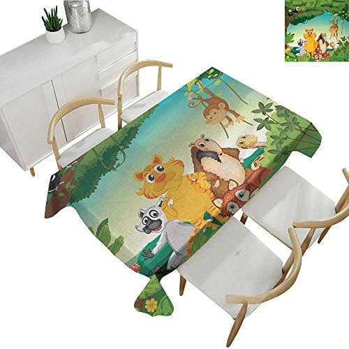 Zoo,Tablecovers Rectangular Forest Scene with Different Animals Habitat Jungle Tropical Environment Kids Cartoon Polyester Washable Table Cover Multicolor 70"x 102"