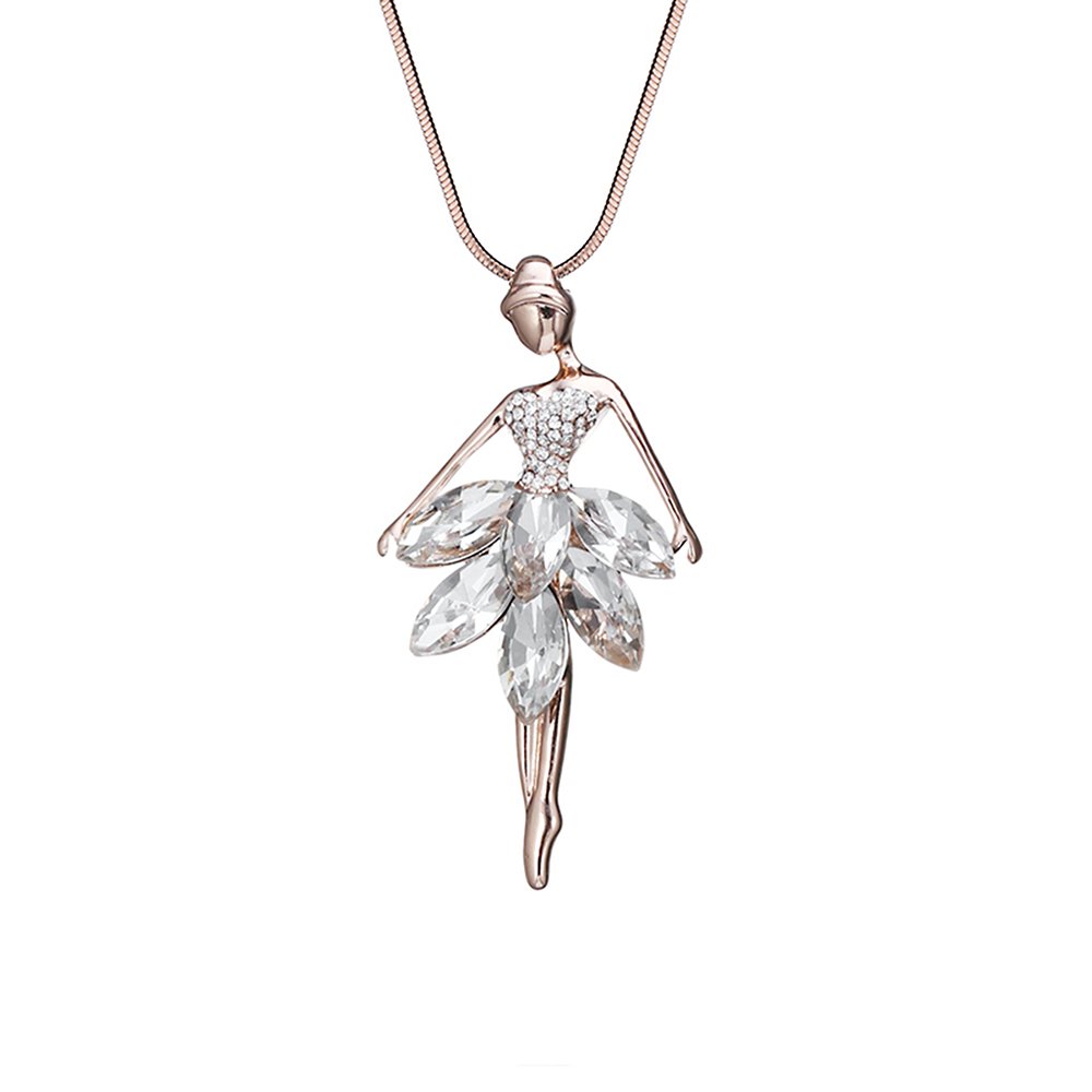 PengJin Women's & Girls' Rose Gold(White) Ballerina Pendant Necklace with Shining White Cubic Zirconia Stones, 76cm Chain