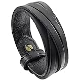 INBLUE Men's Wide Alloy Genuine Leather Bracelet Bangle Cuff Black Wrap Adjustable