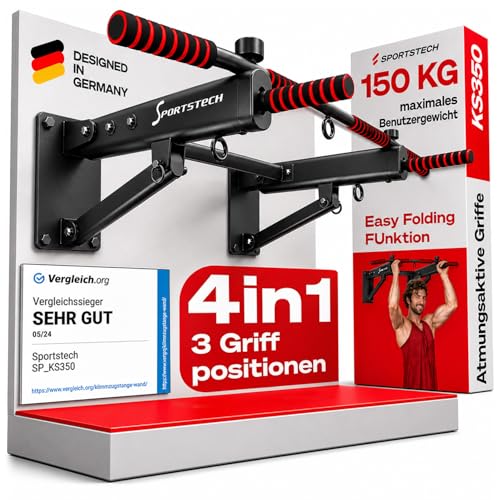 Sportstech KS350 4in1 Klimmzugstange Wand klappbar mit Schwerlastdübeln bis 200kg | Pull Up Bar Wandmontage Zuhause | 3 Griffpositionen Schaumstoffgri