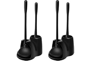 Klickpick Home Plastic Toilet Bowl Brush Cleaner and Plunger Combo Set Kit with Holder Caddy for Bathroom Storage Cleaning and Organization - Covered Lid Brush (Pack of 2, Black)