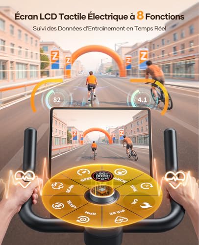 TOPUTURE Exercise Bike, Quiet Exercise Bike with 32 Levels Electric Magnetic Resistance, Premium Touch Screen with App and Heart Sensor, Dumbbell Support, Capacity 150kg