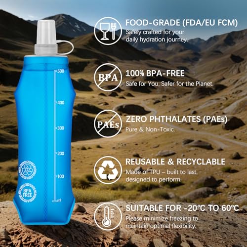 Euqvunn 2 Pcs Soft Water Bottle - BPA Free TPU 500ML Reusable Water Running Flask - Dust and Leak Proof for Hydration Bags, Running, Hiking, Camping, Cycling, Travel