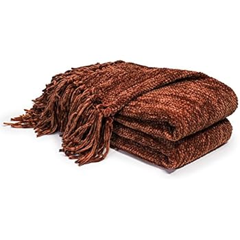 DOZZZ Thick Fluffy Chenille Knitted Throw Blanket with Decorative Fringe and Striped for Couch Cover Sofa Chair Bed Gift Rust