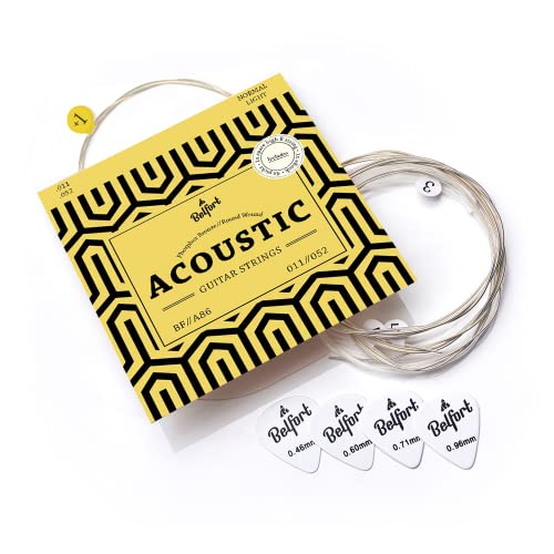 BELFORT® quality acoustic guitar strings - 6 string set - Premium coating with Phosphor Bronze (guitar strings acoustic 6 string set) BONUS: 4 Picks + 1 High E String - cuerdas para guitarra acustica