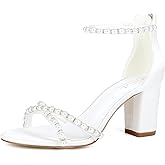 Dilhik Block Heel Wedding Sandals Bride Wedding Shoes Pearl Heels Bridal Shoes Open Toe Wedding Heels