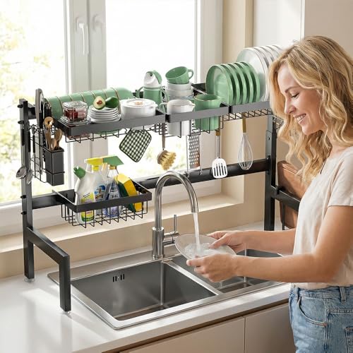 Gabeeriso Over Sink Dish Drying Stand Kitchen Organiser | 2-Tier Expandable Stainless Steel Dish Rack Adjustable 66-85cm with Drainage Tray Delivers Large Countertop Storage Capacity