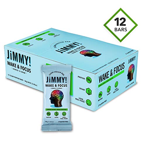 JiMMY! Clean Protein Bars, Natural & Gluten Free, High Protein & Low Sugar with Guarana Caffeiene, Omega 3 & MCT Oils, Cookies ‘N Cream (Wake & Focus), 12 Pack
