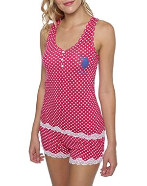 Womens 2 Piece Lace Trim Racerback Tank Top and Shorts Pajama Sleepwear Set