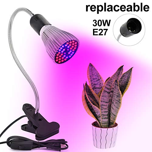 Derlights Grow Lamp with Replaceable 30W E26 Grow Light Bulb, Desk Clip