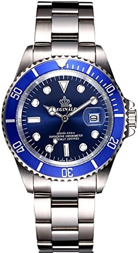 Men's Sapphire Rotatable Bezel Luminous Calnedar Stainless Steel Band Quartz Waterproof Watch Blue