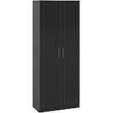 Panana Wooden Storage Cabinet, Narrow Pantry Cabinets Free Standing Tall Storage Cabinet with 2 Doors and Shelves (Black)