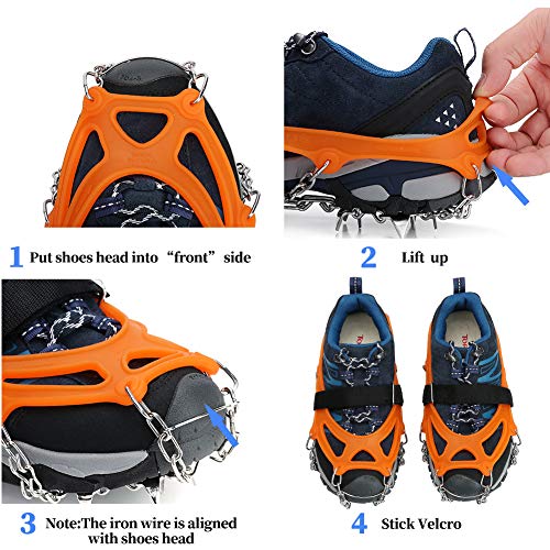 Crampons Traction Cleats Ice Cleats Snow Grips Grippers Anti Slip Stainless Steel Microspikes with 19 Spikes 1 Free Pouch for Men Women Boots Shoes Hiking Backpacking Mountaineering