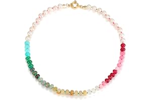 QITIAN Beaded Gemstone Necklace for Women, Colorful Boho Bead Choker Necklace Natural Stone Freshwater Pearl Surfer Beach Necklace 14K Gold Plated Summer Handmade Jewelry Gifts