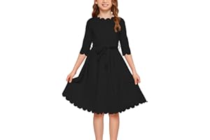 GORLYA Girl's 3/4 Sleeve Casual Scalloped Edge A-line Belted Dress with Pockets for 4-14T Kids