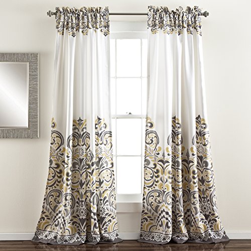 Lush Decor Clara Room Darkening Window Curtain Panel Pair,  84 inch X 52 inch, Gray/Yellow, Set of 2