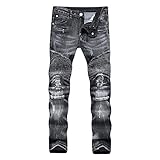 DANT BULUN Men's Ripped Slim Straight Fit Moto Biker Jeans with Zipper Deco (32, Black)