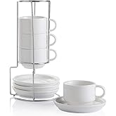 Sweejar Porcelain Espresso Cups with Saucers, 4 Ounce Stackable Cappuccino Cups with Metal Stand for Coffee Drinks, Latte, Tea - Set of 4 (White)