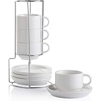 Sweejar Porcelain Espresso Cups with Saucers, 4 Ounce Stackable Cappuccino Cups with Metal Stand for Coffee Drinks, Latte, Te