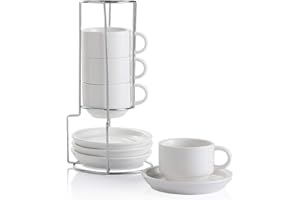 Sweejar Porcelain Espresso Cups with Saucers, 4 Ounce Stackable Cappuccino Cups with Metal Stand for Coffee Drinks, Latte, Te