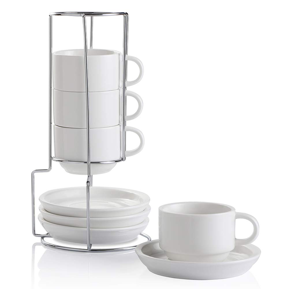 Sweejar Home Porcelain Cappuccino Cups with Saucers and Metal Stand,Stackable Espresso Cups for Specialty Coffee Drinks, Latte, Americano, Tea - Set of 4 (White, 120ml)