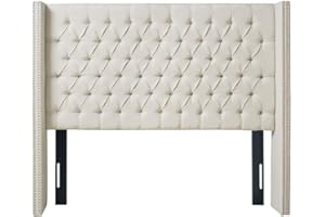 Madison Park Amelia Upholstered Headboard | Nail Head Trim Wingback Button Tufted | Queen, Cream