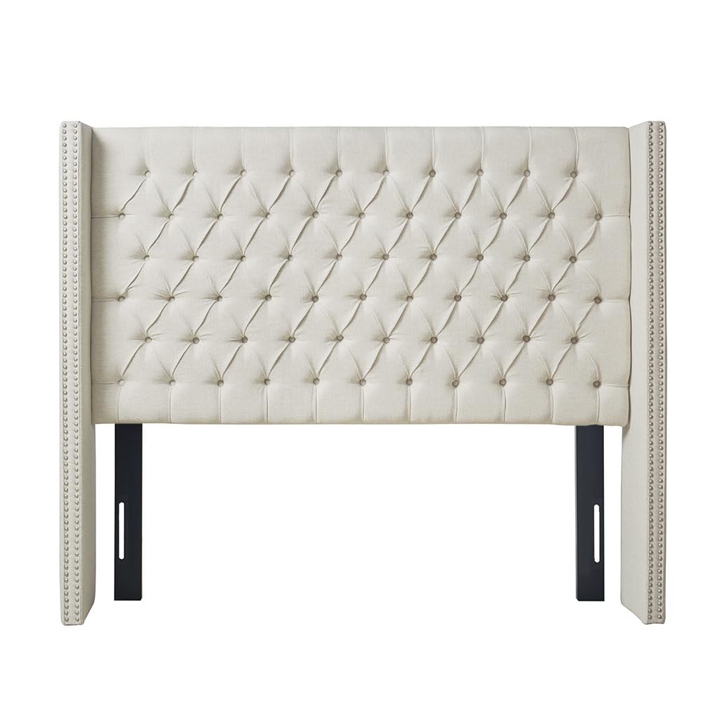 Photo 1 of Madison Park Amelia Upholstered Headboard | Nail Head Trim Wingback Button Tufted | King, Cream