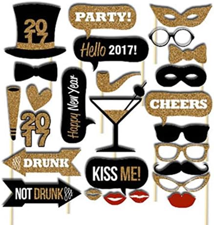 2017 Happy New Year Glitter Gold Papercard Photo Booth Props on a Stick For Sexy Wedding Birthday Party-25count