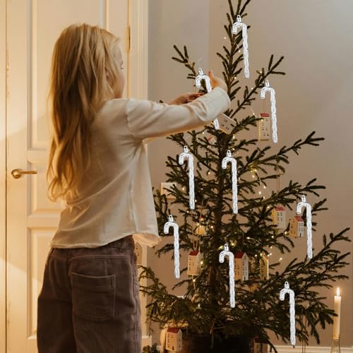 12 Pcs Glitter Christmas Tree Topper Christmas Tree Decorations Candy Canes Hanging Pendants 5.5 Inch Silver