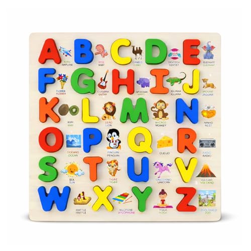Tabuleiro Alfabeto em Madeira Montessoriano Educativo Brinquedo Pedagógico para Crianças 26 Letras Coloridas com Palavras e Figuras Ilustrativas Bilíngue Português e Inglês