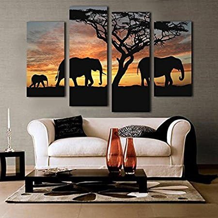 4 Piece Canvas Art New Promotion Sunset Elephant Canvas Painting Wall Art Picture Decoration for Home Living Room (12x24inchx2+12x32inchx2 NO FRAME)