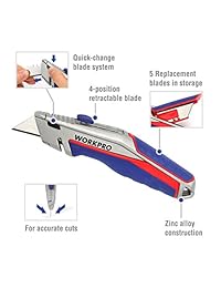 Cuchillo de utilidad retráctil WORKPRO, cuchilla de cambio rápido, cortador de caja, con cuchillas extra de 15 piezas