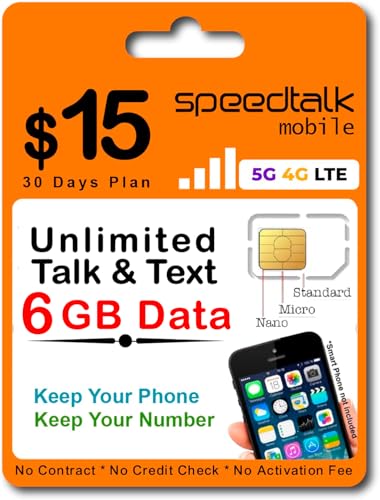 SpeedTalk Mobile $15 Monthly Plan – Prepaid Unlimited Talk & Text + 6 GB Data on a 5G 4G LTE Data | 3-in-1 SIM Card Standard Micro Nano Size | 30 Days USA Wireless Prepaid SIM Subscription Plan