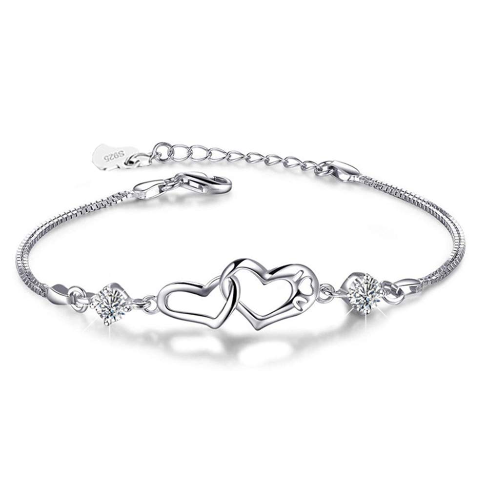 Fu You Womens Silver Bracelet Double Heart Bracelet Charm Pendant Bangle 925 Sterling Silver Bracelet for Women girls