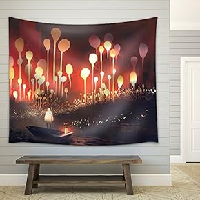 Night Scenery of Fantasy Forest with Glowing Trees and Man in The Boat,Illustration Painting - Fabric Wall Tapestry Home Decor - 51x60 inches