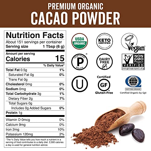 Organic Cacao Powder, 2lb Unsweetened Cocoa Powder With Rich Dark