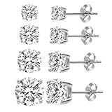 Rhodium Plated Sterling Silver Cubic Zirconia Classic Basket Prong Set Stud Earrings Set, (3-6mm)