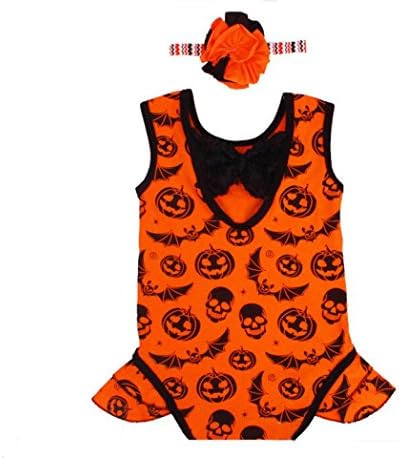 Datework Baby Halloween Pumpkins Print Romper Bodysuit Headband Sets Clothes (S)