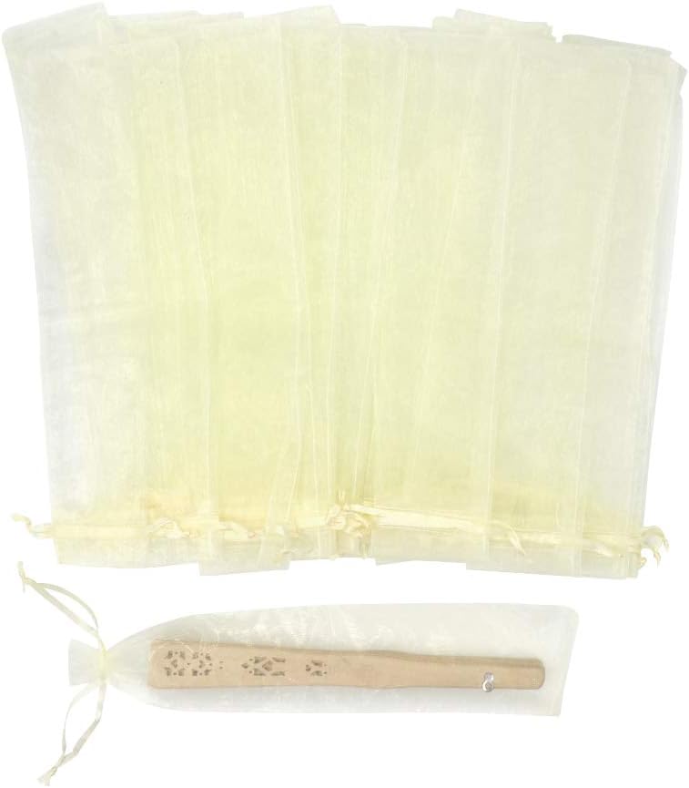 50Pcs Sheer Organza Fan Bags, 2x10 Inches Folding Fan Organza Gift Bags with Drawstring, Wedding Party Favor Silk Pouches for Hand Fans (Beige)
