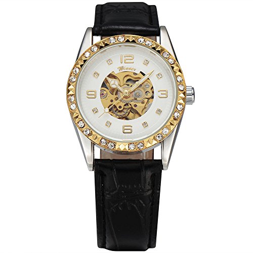WINNER Classic Automatic Mechanical Carving Diamond Skeleton Dial Leather Band Women Ladies Bracelet Wrist Watches