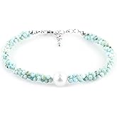 CRYSTALIS Natural Caribbean Larimar Beads Twisted Rope Bracelet with Elegant Pearl, High Grade Gemstones, Chakra Healing Stones, Womens Gift Jewelry, Silver Plated Brass Bracelet 8 inch