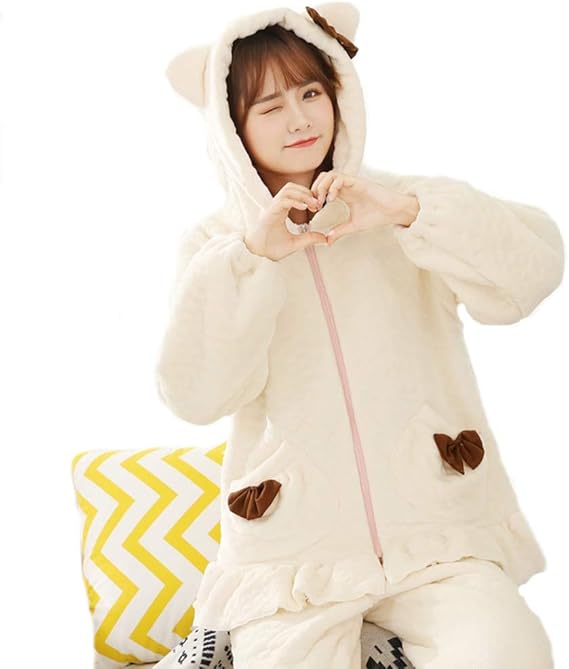 Amazon パジャマ レディース 厚手 姫系 冬用 長袖 ルームウェア 可愛い 耳付き リボン ポケット 部屋着 前開き 上下セット ナイトウェア 防寒 エレガント もこもこ あったか 女性用 パジャマ ルームウェアセット 通販