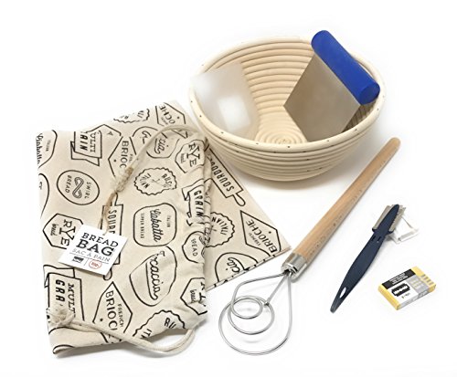 Click Here to See More Images 7-Piece Bread Baking Set: Round Banneton Rattan Bread Rising Basket 8 Inch, Mure & Peyrot Bread Scoring Lame, 10-pk Replacement Blades, Dough Cutter, Scraper, Danish Dough Whisk, Bread Bag – Bundle
