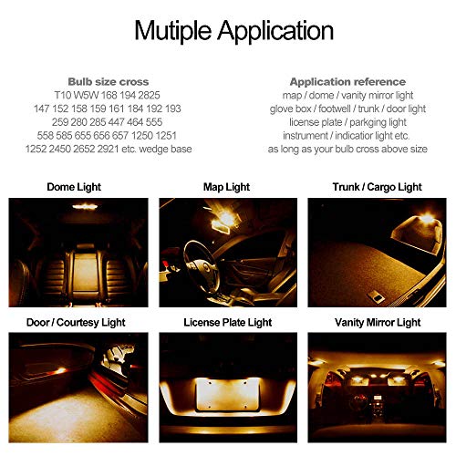 DODOFUN T10 Ceramics Interior Exterior Bright LED Light 168 175 194 2825 W5W Size Bulb Yellow Amber Color (Pack of 10)
