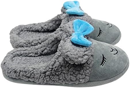 Ladies Plush Flannel Slippers Printed with Soft Foam Non Slip Bottoms (Small 5-6, Grey with Blue Bow)