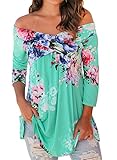 Dokotoo Womens Casual Off Shoulder Drape Floral Print 3 4 Sleeve Blouses Tops (S-XXL)